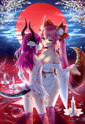 Rule 34 | 10s, 2girls, :d, afloat, alternate hair length, alternate hairstyle, animal ears, ass, back, backlighting, bare shoulders, blue eyes, blue fire, bow, breasts, brown eyes, candle, cherry blossoms, cleavage, corset, detached sleeves, dragon girl, dragon horns, dragon tail, dress, elizabeth bathory (fate), elizabeth bathory (fate/extra ccc), eyelashes, fate/extra, fate/extra ccc, fate/grand order, fate (series), fire, fog, fox ears, fox girl, fox tail, full moon, fur, hair between eyes, hair bow, hair ribbon, highres, horns, japanese clothes, kimono, kokutou mimi, large breasts, legs apart, light particles, long hair, long sleeves, looking at viewer, moon, multiple girls, night, night sky, obi, off shoulder, open mouth, outstretched hand, palms, panties, pantyshot, parted lips, petals, pink hair, pointy ears, profile, purple hair, red bow, ribbon, sash, see-through, shiny skin, short dress, side slit, sky, small breasts, smile, standing, tail, tamamo (fate), tamamo no mae (fate/extra), twintails, two side up, underwear, very long hair, wading, water, wet, white dress, white kimono, white panties, wide sleeves