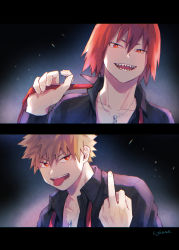 Rule 34 | 2boys, adcalcium, bakugou katsuki, black background, black shirt, blonde hair, boku no hero academia, collared shirt, commentary request, highres, holding necktie, jewelry, kirishima eijirou, long sleeves, looking at viewer, male focus, middle finger, multiple boys, necklace, necktie, open clothes, open mouth, open shirt, red eyes, red hair, sharp teeth, shirt, short hair, signature, spiked hair, teeth, tongue, tongue out, undone necktie