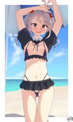 Rule 34 | 1girl, :d, absurdres, arms up, ball gag, bikini, black bikini, bra, breasts, cloud, day, gag, highres, kantai collection, kurotsuki schw, ocean, open mouth, pink hair, red eyes, sazanami (kancolle), short hair, short twintails, sky, small breasts, smile, swimsuit, twintails, umbrella, underwear