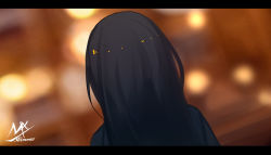 Rule 34 | 1girl, artist name, black hair, black jacket, blurry, blurry background, commentary request, depth of field, from behind, highres, inoue takina, jacket, letterboxed, long hair, lycoris recoil, shimmer, signature, solo