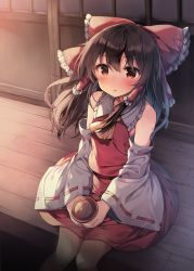 Rule 34 | 1girl, ascot, bad id, bad pixiv id, blush, bow, brown hair, cup, detached sleeves, hair bow, hair tubes, hakurei reimu, long hair, looking at viewer, red bow, red eyes, red skirt, ribbon-trimmed sleeves, ribbon trim, shnva, sidelocks, sitting, skirt, skirt set, solo, touhou, vest