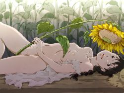 Rule 34 | 1girl, black eyes, black hair, blush stickers, braid, braided ponytail, breasts, censored, completely nude, dress, exhibitionism, female pubic hair, field, flower, flower field, highres, holding, holding flower, knee up, looking to the side, lying, monodevil, mosaic censoring, navel, nipples, nude, on ground, open clothes, open mouth, original, pubic hair, public indecency, small breasts, solo, sundress, sunflower, sunflower field, twin braids