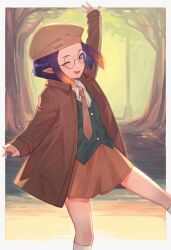 Rule 34 | 1girl, absurdres, alternate costume, arm up, bare legs, blue eyes, brown coat, brown hat, brown necktie, brown skirt, coat, commentary, forehead, gradient hair, green vest, hat, highres, hololive, hololive english, kiwwwwwi, lamppost, long hair, long sleeves, looking at viewer, mole, mole under eye, multicolored hair, necktie, ninomae ina&#039;nis, orange hair, outdoors, pointy ears, purple hair, short hair, skirt, socks, solo, symbol-only commentary, tentacle hair, tentacles, tree, vest, virtual youtuber, white socks