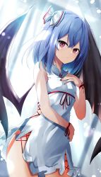 Rule 34 | 1girl, arm across waist, backlighting, bat wings, black nails, black wings, blue hair, blush, bow, closed mouth, cowboy shot, dress, frilled dress, frills, hair bow, hand on own chest, highres, indoors, looking at viewer, nail polish, purple eyes, red ribbon, remilia scarlet, renka (cloudsaikou), ribbon, short dress, short hair, sleeveless, sleeveless dress, solo, touhou, white bow, white dress, window, wings, wrist ribbon