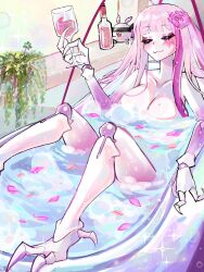 Rule 34 | 1girl, absurdres, bath, bathtub, breasts, closed eyes, cup, drinking glass, highres, large breasts, matara kan, mole, mole on breast, smile, solo, virtual youtuber, vshojo, wine glass