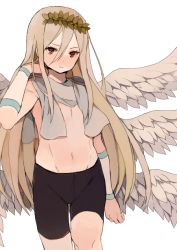 Rule 34 | 1boy, afuro terumi, bike shorts, inazuma eleven, inazuma eleven (series), long hair, male focus, multiple wings, navel, red eyes, seraph, simple background, solo, tokio neo, topless male, white background, wings, zeus (inazuma eleven)