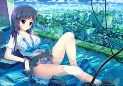 Rule 34 | 1girl, barefoot, black hair, blouse, blue bra, blue eyes, bra, breasts, cable, cityscape, cleavage, clothes lift, day, frilled bra, frilled panties, frills, from side, hair ornament, ichi rin, long hair, looking away, lying, medium breasts, on back, open clothes, open shirt, original, outdoors, overgrown, panties, partially submerged, school uniform, see-through, shirt, short sleeves, skirt, skirt lift, snowflake hair ornament, solo, striped bra, striped clothes, striped panties, underwear, upskirt, water, wet, wet clothes