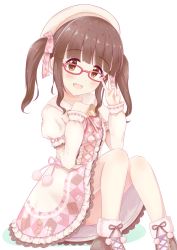 Rule 34 | 1girl, :d, argyle, argyle bow, argyle bowtie, argyle clothes, argyle neckwear, bad id, bad pixiv id, bespectacled, black footwear, blush, boots, bow, bowtie, brown eyes, brown hair, collared dress, commentary request, cross-laced clothes, cross-laced footwear, dress, frilled dress, frills, glasses, hair ribbon, hands up, hat, head tilt, highres, idolmaster, idolmaster cinderella girls, invisible chair, juliet sleeves, knees up, kyoncp, lace, lace-trimmed dress, lace trim, long hair, long sleeves, looking at viewer, ogata chieri, open mouth, pink-framed eyewear, pink bow, pink bowtie, pink ribbon, pom pom (clothes), puffy sleeves, ribbon, sidelocks, simple background, sitting, sleeves past wrists, smile, solo, twintails, v, white background, white dress, white hat