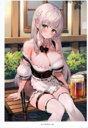 Rule 34 | 1girl, absurdres, alcohol, apron, arm support, bare shoulders, beer, beer mug, bench, breasts, cleavage, closed mouth, copyright name, cup, dress, frills, german clothes, green eyes, grey hair, hair ornament, highres, hololive, large breasts, long hair, looking at viewer, mole, mole on breast, mug, official alternate costume, puffy short sleeves, puffy sleeves, ribbon, scan, shirogane noel, shirogane noel (dirndl), short dress, short sleeves, simple background, sitting, smile, thigh strap, thighhighs, thighs, virtual youtuber, waist apron, watao, zettai ryouiki