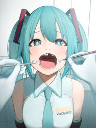 Rule 34 | 1girl, 1other, absurdres, aqua bow, aqua bowtie, aqua eyes, aqua hair, bananafish1111, bow, bowtie, commentary request, copyright name, detached sleeves, from above, frown, gloves, hair ornament, hatsune miku, highres, indoors, latex, latex gloves, long hair, looking at viewer, missing tooth, open mouth, pov, pov hands, shirt, sleeveless, sleeveless shirt, sweat, teeth, throat, tongue, twintails, upper body, vocaloid, white gloves