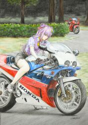Rule 34 | 1girl, alternate costume, highres, honda, motor vehicle, motorcycle, patchouli knowledge, red pond, solo, tagme, touhou, traditional media