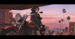 Rule 34 | 1girl, absurdres, black shorts, blue eyes, brown hair, cityscape, closed mouth, cloud, cloudy sky, commentary, faiz azhar, gradient sky, grey jacket, highres, hood, hoodie, jacket, letterboxed, long sleeves, looking at viewer, motor vehicle, motorcycle, original, outdoors, palm tree, red sky, short hair, shorts, sitting, sky, smile, solo, tree