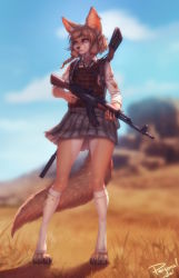 Rule 34 | 1girl, alternate universe, animal ears, artist name, blood, blood on clothes, blunt bangs, blurry, blurry background, body armor, braid, brown eyes, brown hair, day, earrings, fox ears, fox tail, full body, furry, furry female, gun, gun sling, highres, holding, holding gun, holding weapon, jewelry, khiara (personal ami), kneehighs, lips, looking to the side, original, outdoors, personal ami, playerunknown&#039;s battlegrounds, pleated skirt, savannah, shirt, short hair, side braids, signature, skirt, socks, solo, standing, tail, weapon, white shirt, white socks