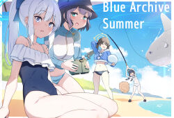 Rule 34 | 4girls, ball, beach, beachball, bikini, black headwear, blue archive, blue halo, blue one-piece swimsuit, blue sky, bucket hat, cloud, commentary request, covered navel, day, fishing rod, halo, hat, highres, holding, holding ball, holding beachball, long hair, miyako (blue archive), miyako (swimsuit) (blue archive), miyu (blue archive), miyu (swimsuit) (blue archive), moe (blue archive), moe (swimsuit) (blue archive), multiple girls, ocean, official alternate costume, one-piece swimsuit, outdoors, rabbit platoon (blue archive), rash guard, saki (blue archive), saki (swimsuit) (blue archive), short hair, sitting, sky, summer, swimsuit, thighs, umihal, white hair, yellow halo