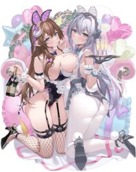 Rule 34 | 2girls, absurdres, animal ears, ass, asymmetrical docking, balloon, bare shoulders, black footwear, black leotard, blush, bottle, bow, bowtie, breast press, breasts, brown hair, cleavage, closed mouth, commentary request, cow horns, cow tail, cup, detached collar, drinking glass, fake animal ears, fishnet thighhighs, fishnets, frilled pillow, frills, full body, garter straps, grey eyes, grey hair, hair between eyes, heart balloon, high heels, highleg, highleg leotard, highres, holding, holding bottle, holding tray, horns, huge breasts, kneeling, large breasts, leotard, long hair, looking at viewer, maid headdress, multiple girls, original, pantyhose, parted lips, pillow, playboy bunny, pom pom (clothes), rabbit ears, revision, sg (satoumogumogu), sideboob, sleeves past wrists, smile, strapless, strapless leotard, tail, thighhighs, traditional bowtie, tray, white leotard, white pantyhose