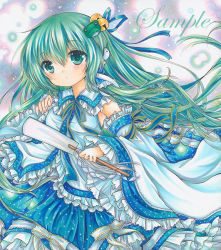 Rule 34 | 1girl, bell, blue ribbon, blue skirt, closed mouth, cowboy shot, detached sleeves, dot mouth, frilled hair tubes, frilled shirt, frilled shirt collar, frilled skirt, frilled sleeves, frills, frog hair ornament, gohei, green eyes, green hair, hair bell, hair between eyes, hair ornament, hair ribbon, hair tubes, head tilt, holding, holding stick, kochiya sanae, long hair, looking at viewer, marker (medium), necktie, ribbon, rui (sugar3), sample watermark, shirt, skirt, sleeveless, sleeveless shirt, snake hair ornament, solo, stick, touhou, traditional media, watermark, white shirt, wide sleeves