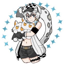 Rule 34 | 1girl, animal ear fluff, animal ears, arknights, artist name, bare shoulders, black gloves, black shorts, blue eyes, cabbie hat, cliffheart (arknights), closed mouth, commentary request, cropped legs, gloves, grey hair, hair between eyes, hat, highres, hugging object, jacket, leopard ears, leopard girl, leopard tail, looking at viewer, multicolored hair, navel, open clothes, open jacket, pramanix (arknights), puffy shorts, short shorts, shorts, signature, simple background, sleeveless, sleeveless jacket, smile, stuffed animal, stuffed toy, tail, touno (akarino), two-tone hair, white background, white hair, white headwear, white jacket