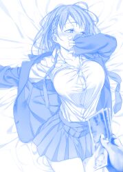 Rule 34 | 1boy, 1girl, ai-chan (tawawa), banknote, blazer, blue theme, blush, braid, breasts, commentary request, dress shirt, getsuyoubi no tawawa, himura kiseki, holding, holding money, jacket, large breasts, lying, money, monochrome, necktie, on back, open clothes, open jacket, out of frame, pov, pov hands, school uniform, shirt, single hand, skirt, solo focus, tearing up