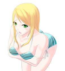 Rule 34 | 10s, 1girl, bikini, blonde hair, breasts, cleavage, eva frost, green eyes, large breasts, long hair, open mouth, ranma (kamenrideroz), simple background, solo, striped bikini, striped clothes, swimsuit, terra formars