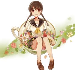 Rule 34 | 1girl, 270 (woshizongg), ascot, bare legs, black sailor collar, black skirt, blue flower, braid, brown footwear, brown hair, chinese commentary, closed mouth, collarbone, cup, flower, green flower, highres, in container, in cup, leaf, looking at viewer, low twintails, original, oversized object, pink flower, pink rose, pleated skirt, purple flower, red eyes, red flower, red rose, rose, sailor collar, school uniform, serafuku, short sleeves, size difference, skirt, sleeve cuffs, solo, teacup, twin braids, twintails, white background, white flower, white serafuku, yellow ascot, yellow flower