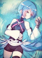Rule 34 | 1girl, absurdres, aqua (kingdom hearts), bare shoulders, bike shorts, black thighhighs, blue eyes, blue hair, blue sky, breasts, cloud, collarbone, day, detached sleeves, eyes visible through hair, fingerless gloves, gloves, grey gloves, hand up, highres, kingdom hearts, kingdom hearts birth by sleep, long sleeves, lying, medium breasts, on back, reflection, ripples, short hair, sky, solo, thighhighs, thighs, totoma, water, wide sleeves, zettai ryouiki
