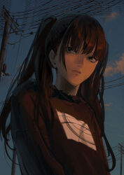 Rule 34 | 1girl, absurdres, ao desu2222, black eyes, black hair, black shirt, blue sky, closed mouth, cloud, evening, expressionless, highres, long hair, long sleeves, original, outdoors, power lines, shirt, sidelocks, sky, solo, twintails, upper body, utility pole