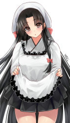Rule 34 | 1girl, :o, apron, bandana, black hair, blush, bow, breasts, brown eyes, clothes lift, dated, frills, gluteal fold, hair bow, hair intakes, highres, kantai collection, kappougi, lifting own clothes, long hair, long sleeves, looking at viewer, low-tied long hair, medium breasts, shouhou (kancolle), simple background, skirt, skirt lift, solo, standing, takase muh, twitter username, very long hair, white background