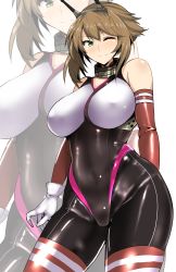 Rule 34 | 1girl, adapted costume, arm behind back, bare shoulders, blush, bodysuit, breasts, brown hair, closed mouth, collar, collarbone, covered navel, elbow gloves, flipped hair, gloves, green eyes, hairband, hifumi hajime, highres, hip focus, kantai collection, large breasts, looking at viewer, metal collar, mutsu (kancolle), one eye closed, radio antenna, red legwear, shiny clothes, short hair, sidelocks, skin tight, smile, solo, striped clothes, striped legwear, striped thighhighs, thighhighs, thighs, white background, white gloves, zoom layer