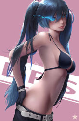 Rule 34 | 1girl, absurdres, arched back, armpits, artist name, belt, black gloves, black rock shooter, black rock shooter (character), black shorts, blue eyes, blue fire, blue hair, breasts, clothes pull, cowboy shot, fire, flaming eye, gloves, groin, highres, lips, long hair, looking at viewer, looking to the side, medium breasts, parted lips, pink background, shorts, shorts pull, sideboob, signature, smile, solo, standing, swimsuit, twintails, two-tone background, undressing, vealy, very long hair