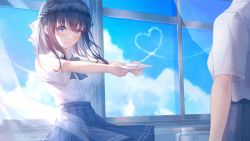 Rule 34 | 2girls, absurdres, black hair, blue eyes, blue neckwear, blue skirt, blue sky, blush, braid, classroom, closed mouth, cloud, collared shirt, contrail, curtains, day, desk, hair ribbon, head out of frame, heart, highres, letter, love letter, multiple girls, original, outstretched arms, patch oxxo, pleated skirt, ribbon, school, school desk, school uniform, shirt, short sleeves, skirt, sky, solo focus, summer, uniform, white shirt, window, yuri