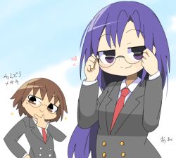 Rule 34 | 2girls, adjusting eyewear, bespectacled, black jacket, brown eyes, brown hair, buttons, closed mouth, commentary request, glasses, goshiki agiri, hand on own chin, heart, jacket, kill me baby, lets0020, long hair, long sleeves, looking at viewer, multiple girls, necktie, oribe yasuna, purple eyes, purple hair, red necktie, school uniform, shirt, short hair, smile, smug, split mouth, translation request, upper body, white shirt