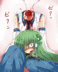 Rule 34 | blood, decapitation, detached sleeves, female focus, frog, green hair, guro, hair ornament, japanese clothes, kochiya sanae, miko, severed head, shimo (depthbomb), snake, solo, touhou