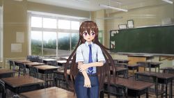 Rule 34 | 1boy, 3d, action taimanin, androgynous, brown hair, classroom, lilith-soft, long hair, looking to the side, necktie, pants, pink eyes, school uniform, screencap, shirt, simple background, solo, standing, taimanin (series), taimanin asagi, taimanin rpgx, trap, uehara shikanosuke, very long hair, white shirt, wide hips