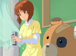 Rule 34 | 1girl, ada badguy, animal print, bandaid, bear print, bedroom, blurry, blurry background, blurry foreground, boko (girls und panzer), brown hair, closed mouth, commentary, cup, curtains, depth of field, dress, girls und panzer, highres, holding, holding cup, indoors, layered sleeves, long sleeves, nishizumi miho, shirt, short hair, short over long sleeves, short sleeves, smile, solo, stuffed animal, stuffed toy, teddy bear, turtleneck, white shirt, wind, yellow dress