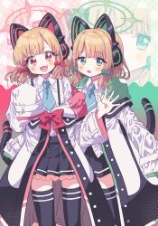Rule 34 | 2girls, :3, :o, animal ear headphones, animal ears, black skirt, black thighhighs, blonde hair, blue archive, blue necktie, blush, bow, cat ear headphones, cat tail, coat, collared shirt, commentary, fake animal ears, fake tail, frilled skirt, frills, green bow, green eyes, green halo, hair bow, halo, hand up, headphones, high speed gensou chuun, highres, long sleeves, looking at viewer, low-tied sidelocks, midori (blue archive), momoi (blue archive), multiple girls, necktie, off shoulder, open clothes, open coat, open mouth, pink eyes, pink halo, pleated skirt, red bow, shirt, shirt tucked in, short hair, siblings, sisters, skirt, sleeves past fingers, sleeves past wrists, smile, suspenders, symbol-only commentary, tail, thighhighs, twins, v-shaped eyebrows, white coat, white shirt, wide sleeves, wing collar, zoom layer