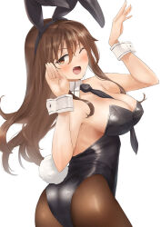 Rule 34 | 1girl, animal ears, ashigara (kancolle), ass, between breasts, black leotard, blush, breasts, brown eyes, brown hair, brown pantyhose, cleavage, covered navel, cowboy shot, detached collar, fake animal ears, highres, kantai collection, large breasts, leotard, long hair, looking at viewer, necktie, necktie between breasts, one eye closed, open mouth, pantyhose, playboy bunny, rabbit ears, rabbit tail, smile, solo, strapless, strapless leotard, tail, toka (marchlizard), wavy hair, wrist cuffs
