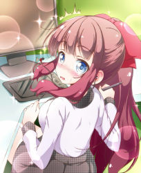 Rule 34 | 1girl, ^^^, banderasu, blue eyes, blush, bow, brown hair, drawing tablet, earphones, from behind, grey skirt, hair bow, highres, holding, holding pen, long hair, looking at viewer, looking back, miniskirt, new game!, open mouth, pen, ponytail, red bow, shirt, sitting, skirt, solo, sparkle, sweatdrop, takimoto hifumi, wavy mouth, white shirt