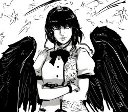 Rule 34 | 1girl, bow, bowtie, buttons, crossed arms, greyscale, looking at viewer, monochrome, shameimaru aya, short hair, solo, tengu, touhou, tres-iques, wings