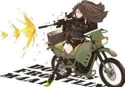 Rule 34 | 1214 goldfische, 1girl, absurdres, aiming, assault rifle, belt, black footwear, black gloves, black shorts, boots, brown eyes, brown hair, commentary request, english text, firing, full body, girls&#039; frontline, gloves, grey shirt, grey thighhighs, gun, hair between eyes, highres, holding, holding gun, holding weapon, knee pads, long hair, long sleeves, m4 carbine, m4a1 (girls&#039; frontline), m4a1 (mod3) (girls&#039; frontline), mod3 (girls&#039; frontline), motor vehicle, motorcycle, one eye closed, pouch, rifle, scope, shells, shirt, short shorts, shorts, simple background, sitting, solo, strap, striped clothes, striped shirt, suitcase, suppressor, thighhighs, weapon, white background