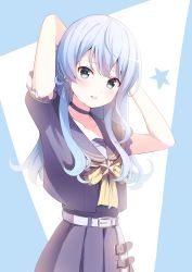 Rule 34 | 1girl, adjusting hair, arms up, belt, blue background, blue choker, blue eyes, blue hair, blue serafuku, blue shirt, blush, breasts, choker, collarbone, commentary request, cowboy shot, highres, hololive, hoshimachi suisei, hoshimachi suisei (school uniform), long hair, looking at viewer, neckerchief, official alternate costume, parted lips, pleated skirt, school uniform, serafuku, shadow, shirt, sidelocks, skirt, sktwoooo, solo, star (symbol), star in eye, symbol in eye, virtual youtuber, yellow neckerchief