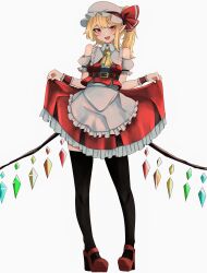Rule 34 | 1girl, :d, absurdres, adapted costume, apron, ascot, bare shoulders, belt, black thighhighs, blonde hair, clothes lift, crystal, flandre scarlet, full body, hat, hat ribbon, high belt, highres, lifted by self, looking at viewer, medium hair, mesuosushi, mob cap, open mouth, pointy ears, red eyes, red footwear, red ribbon, red skirt, ribbon, simple background, skirt, skirt lift, smile, solo, standing, thighhighs, touhou, white apron, white background, white hat, wings, wrist cuffs, yellow ascot