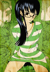 Rule 34 | 1girl, arm support, black hair, blunt bangs, boots, breasts, brown eyes, cleavage, collarbone, dress, female focus, forest, glasses, jewelry, jungle, long hair, long sleeves, looking at viewer, nature, necklace, nico robin, nico robin (strong world), one piece, one piece: strong world, outdoors, parted lips, ponytail, sagatsune, semi-rimless eyewear, shirt, sitting, solo, spread legs, striped clothes, striped dress, striped shirt, striped sweater, sweater, sweater dress, tree, under-rim eyewear