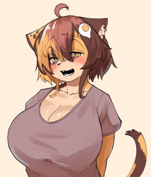 Rule 34 | 1girl, ahoge, animal ear fluff, animal ears, animal nose, arm behind back, bags under eyes, blush, breasts, brown eyes, brown fur, brown tail, cleavage, collarbone, egg hair ornament, fangs, food-themed hair ornament, grey shirt, hair between eyes, hair ornament, hairclip, highres, huge breasts, kagarimachi konatsu, light brown background, looking at viewer, medium hair, multicolored fur, multicolored hair, nekotsuki kohime (kagarimachi konatsu), open mouth, original, shirt, short sleeves, sidelocks, simple background, slit pupils, solo, t-shirt, tail, tareme, upper body, yellow fur, yellow tail