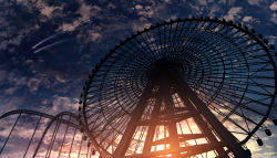 Rule 34 | amusement park, artist name, cloud, commentary request, evening, ferris wheel, from below, highres, no humans, original, roller coaster, scenery, shizui fen, shooting star, signature, silhouette, sky, sunlight, sunset, watermark