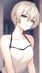 Rule 34 | 1girl, absurdres, aged up, anastasia (idolmaster), blue eyes, blush, breasts, camisole, cleavage, collarbone, commentary, earrings, grey hair, hair between eyes, highres, idolmaster, idolmaster cinderella girls, jewelry, looking at viewer, medium breasts, popon ta, short hair, solo, stud earrings, upper body, white camisole