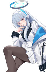 Rule 34 | 1girl, absurdres, black pantyhose, blue archive, blunt bangs, breasts, feet out of frame, grey hair, halo, hand up, highres, jacket, large breasts, long hair, long sleeves, looking at viewer, mechanical halo, miuna (498475051), noa (blue archive), off shoulder, open clothes, open jacket, pantyhose, pleated skirt, purple eyes, simple background, skirt, solo, tongue, tongue out, vest, white background, white jacket, white skirt, white vest