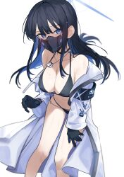 Rule 34 | 1girl, bikini, black bikini, black mask, blue archive, blue eyes, blush, breasts, coat, fataaa, gloves, halo, highres, large breasts, long hair, looking at viewer, mask, mouth mask, saori (blue archive), simple background, solo, swimsuit, thighs, white coat