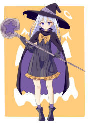 Rule 34 | 1girl, absurdres, black dress, black footwear, black gloves, bow, cape, commentary request, dress, earrings, elbow gloves, gloves, hat, highres, holding, holding staff, jewelry, jyoji00, looking at viewer, orange background, orange bow, original, purple cape, purple eyes, purple headwear, purple socks, socks, staff, standing, star (symbol), two-tone background, white background, white hair, witch hat