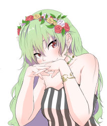 Rule 34 | 10s, 1girl, alternate hairstyle, anchovy (girls und panzer), black dress, bracelet, casual, closed mouth, commentary request, dress, elbow rest, flower, flower necklace, girls und panzer, green hair, head wreath, interlocked fingers, jewelry, leaning forward, long hair, looking at viewer, necklace, own hands together, oze (xyz go go11), red eyes, smile, solo, strapless, strapless dress, striped clothes, striped dress, vertical-striped clothes, vertical-striped dress
