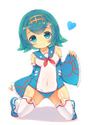Rule 34 | 1girl, bare shoulders, blue eyes, blue hair, blue sailor collar, blush, breasts, cameltoe, collarbone, cosplay, covered navel, creatures (company), detached sleeves, frilled sleeves, frills, full body, game freak, gen 3 pokemon, groin, hairband, heart, highres, kneeling, kyogre, kyogre (cosplay), lana (pokemon), legendary pokemon, looking at viewer, nintendo, one-piece swimsuit, pokemon, pokemon sm, sailor collar, simple background, small breasts, smile, solo, swimsuit, thighhighs, thighs, trial captain, white background, white thighhighs, wide sleeves